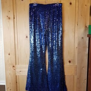 Royal Blue Sequin Flare Bottom Pull-On Lined 70s Disco Pants